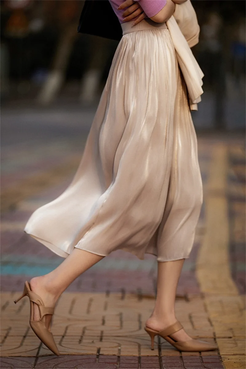 BANA taille haute plissée inje Georgette jupe femmes été Midi a-ligne jupe taille élastique Simple Sle trajet OL Sle