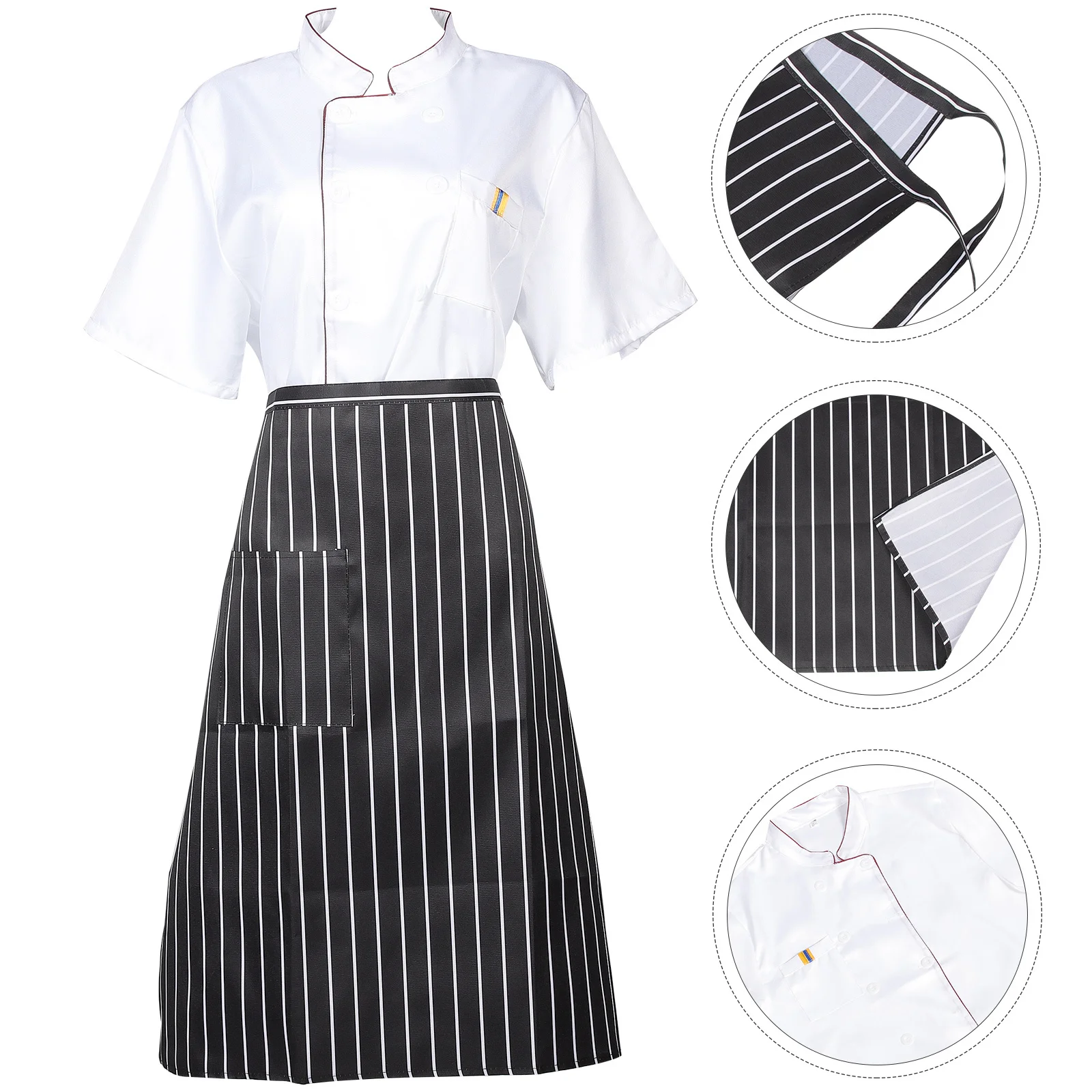 Manteau de Chef respirant à manches courtes, tablier, uniforme de cuisine, veste de cuisine résistante à l'huile et aux éclaboussures avec poche, 1 ensemble