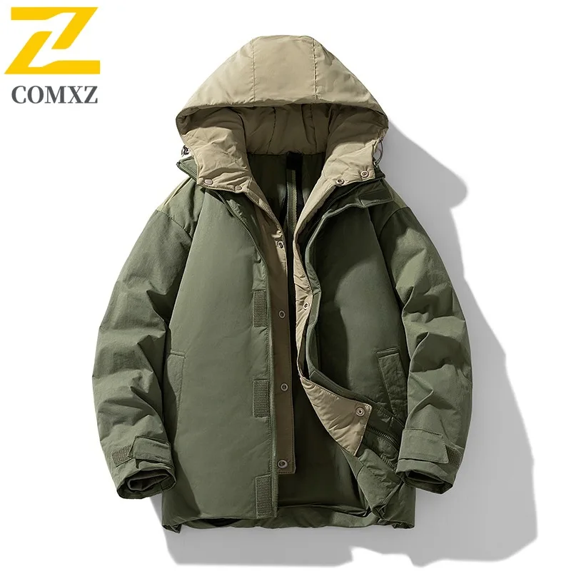 

COMXZ Luxury Down Jacket Men High Quality Splicing Hooded Riding Lightweight Coat White Duck Down Winter Trendy Puffer Coat