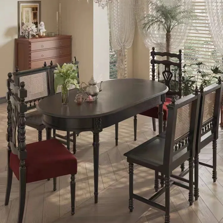 American solid wood dining table rattan chair combination large round table retro French dining  black dining table househo