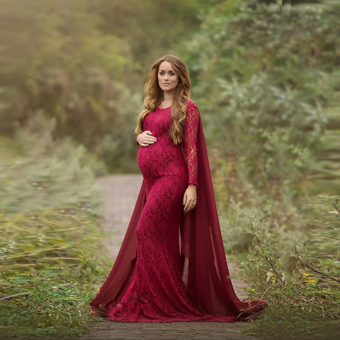 Lace Maternity Long Sleeve Photography Full Long Maxi Dress with Detachable Flowy Chiffon Train Clothes for Pregnant Women