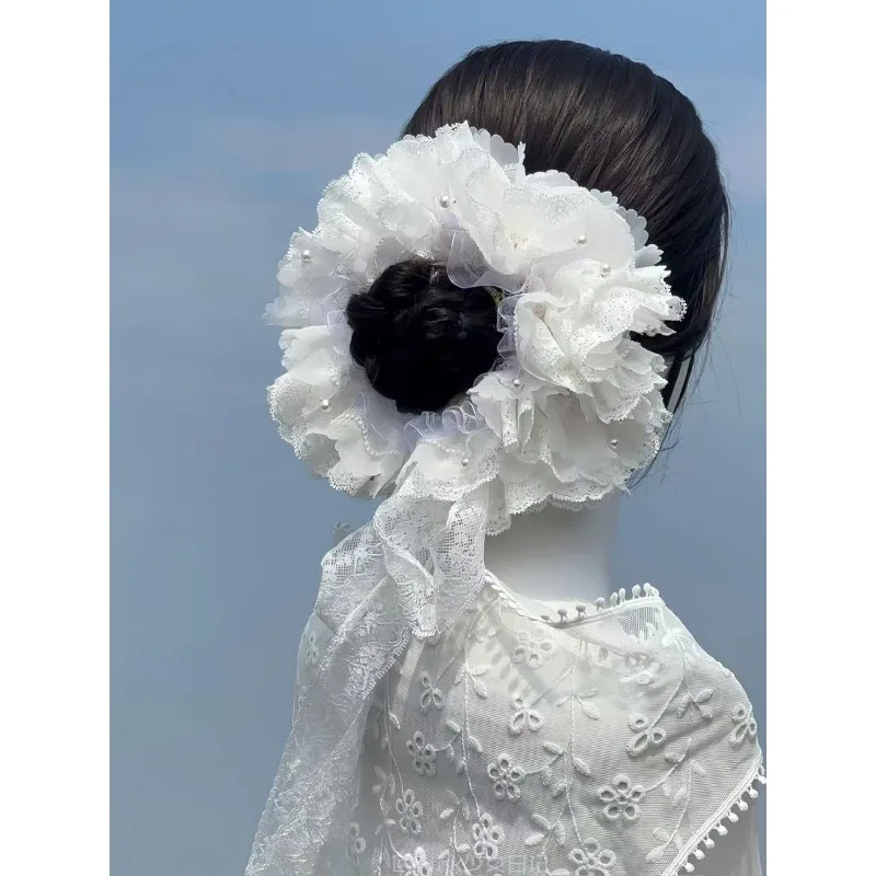Overweight work pearl lace large intestine hair band women's high sense ball head tied hair headband ballet temperament headgear