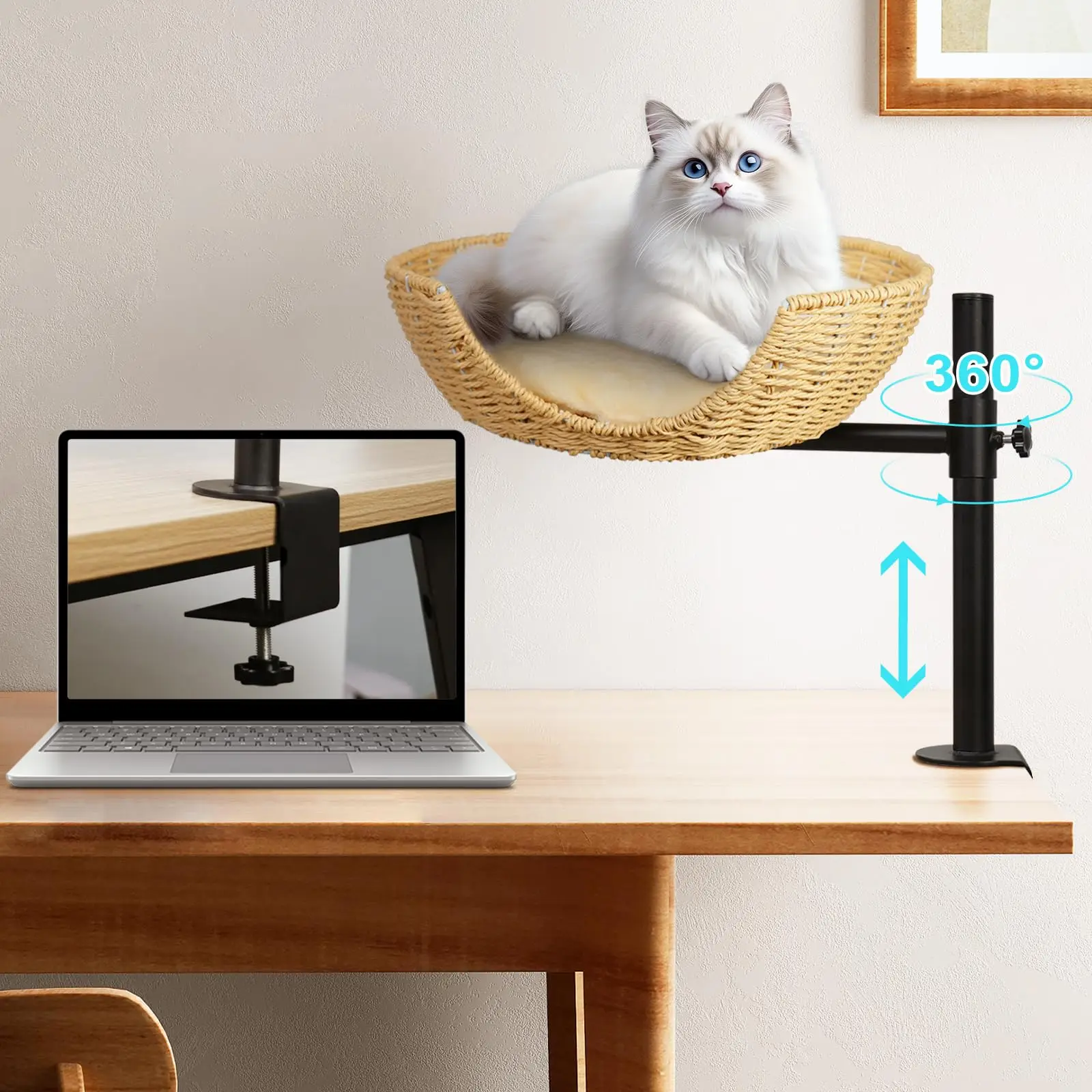 Desktop Rotating Cat Nest Adjustable Height Easy To Install Cat Climbing Frame Integrated Pet Bowl