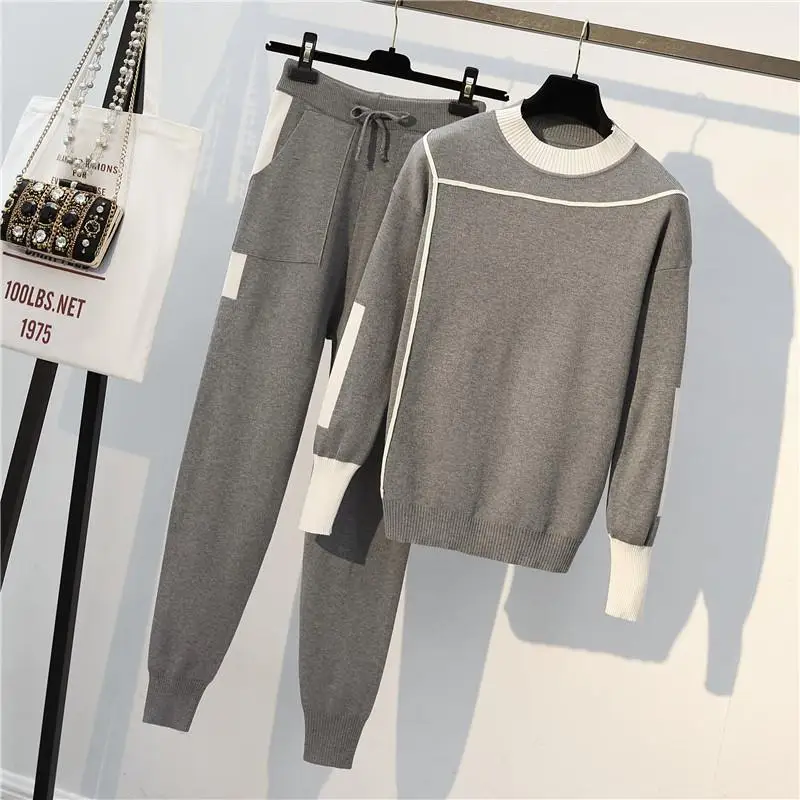Korean Large Size Fashion Temperament Suit Women's Autumn Winter 2025 Casual Knitted Pullover Two-piece Set Female Pants Outfits