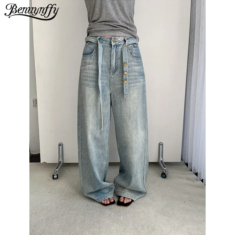 

Benuynffy Vintage Belt Rhinestone Jeans Women 2026 Spring New Casual All-Match Streetwear Loose Straight Wide Leg Denim Trousers