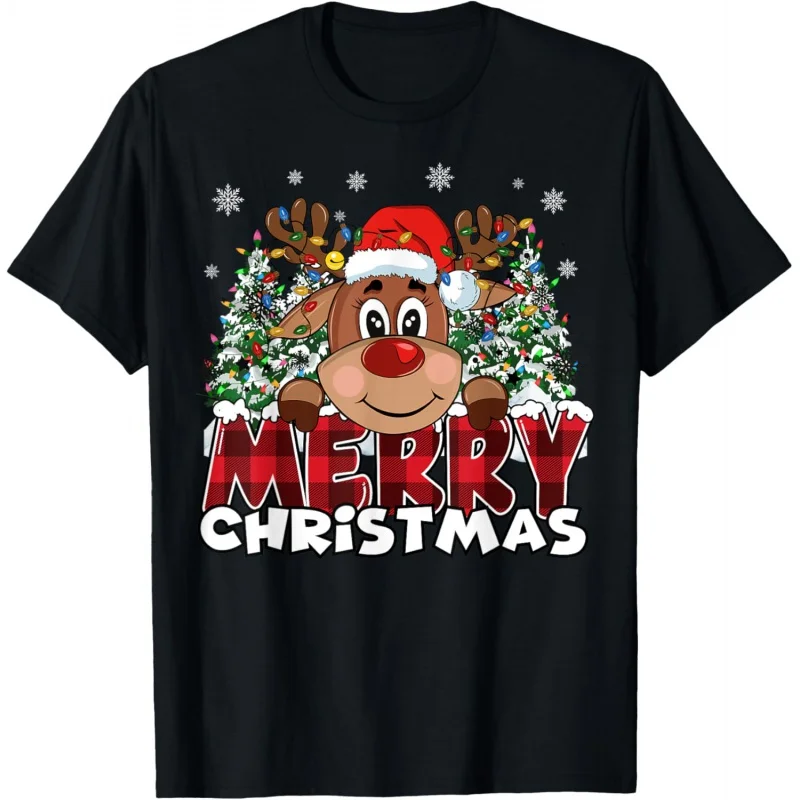 Fun reindeer pattern women's family Christmas happy loose oversized short sleeved T-shirt