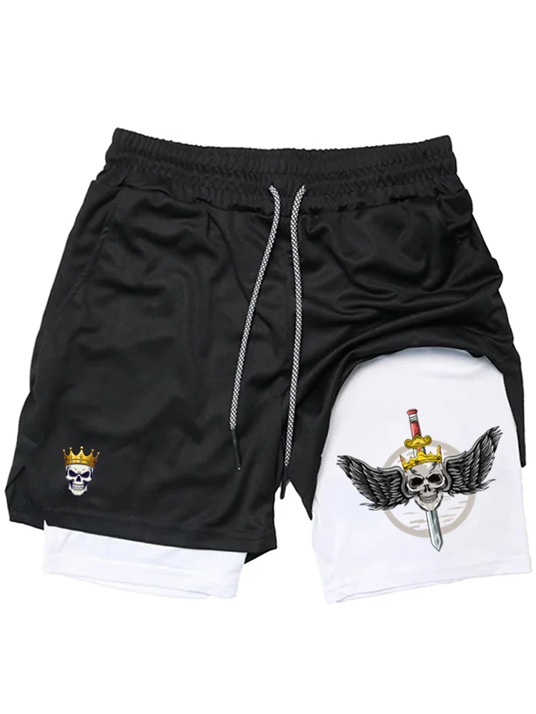 

Мужские шорты 2-в-1 с принтом в виде короны и черепа, быстросохнущие, дышащие, спортивные, для тренировок в тренажерном зале, для бега, повседневные спортивные шорты WX020