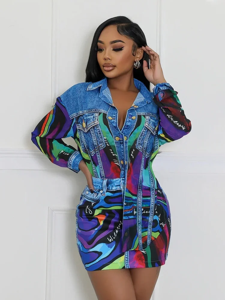 

Women's Printed Two-piece Blouse Collar Long-sleeved Shirt with Sexy Delicate Work Slim Package Hip Skirt