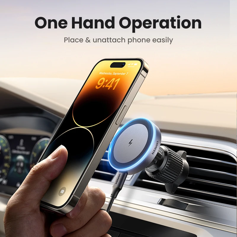 UGREEN Magnetic Car Phone Holder Wireless Charger Stand For iPhone 15 14 13 Pro Max Charging for Magsafe Car Charger LED Light