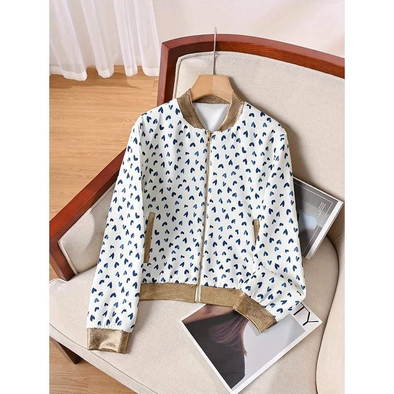 

Короткие пальто с принтом сердца для женщин, весенняя крутая женская одежда, лоскутная женская куртка на молнии, пальто, новая верхняя одежда