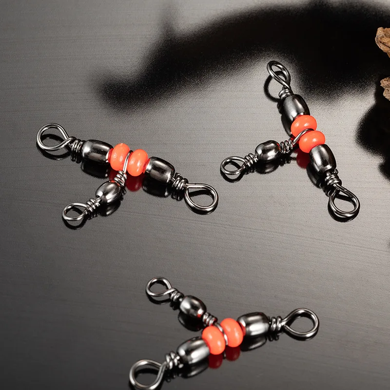 10pcs Fishing Connector Three Way Barrel Swivel Snap Ring With Beads For Fishhook Lure Line Fishing Accessories