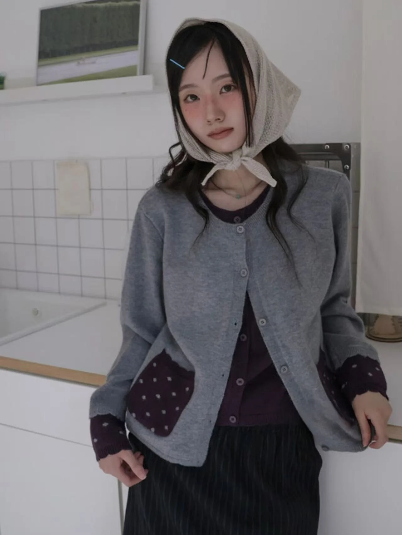 

Ретро японский круглый вязаный свитер, пальто в горошек, повседневное универсальное осенне-зимнее новое поступление, женская мода