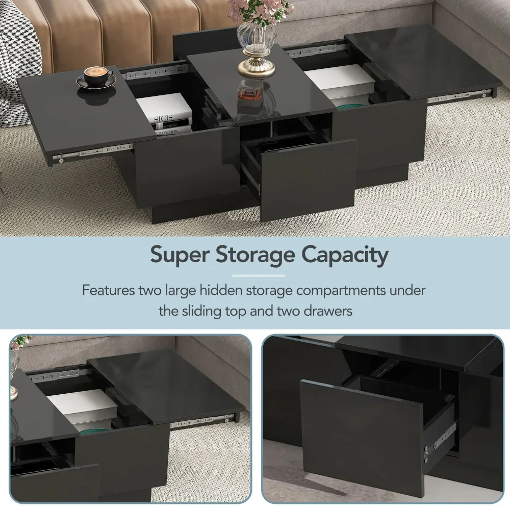 ON-TREND Coffee Table with 2 large Hidden Storage Compartment, Extendable Cocktail Table with 2 Drawers, High-g