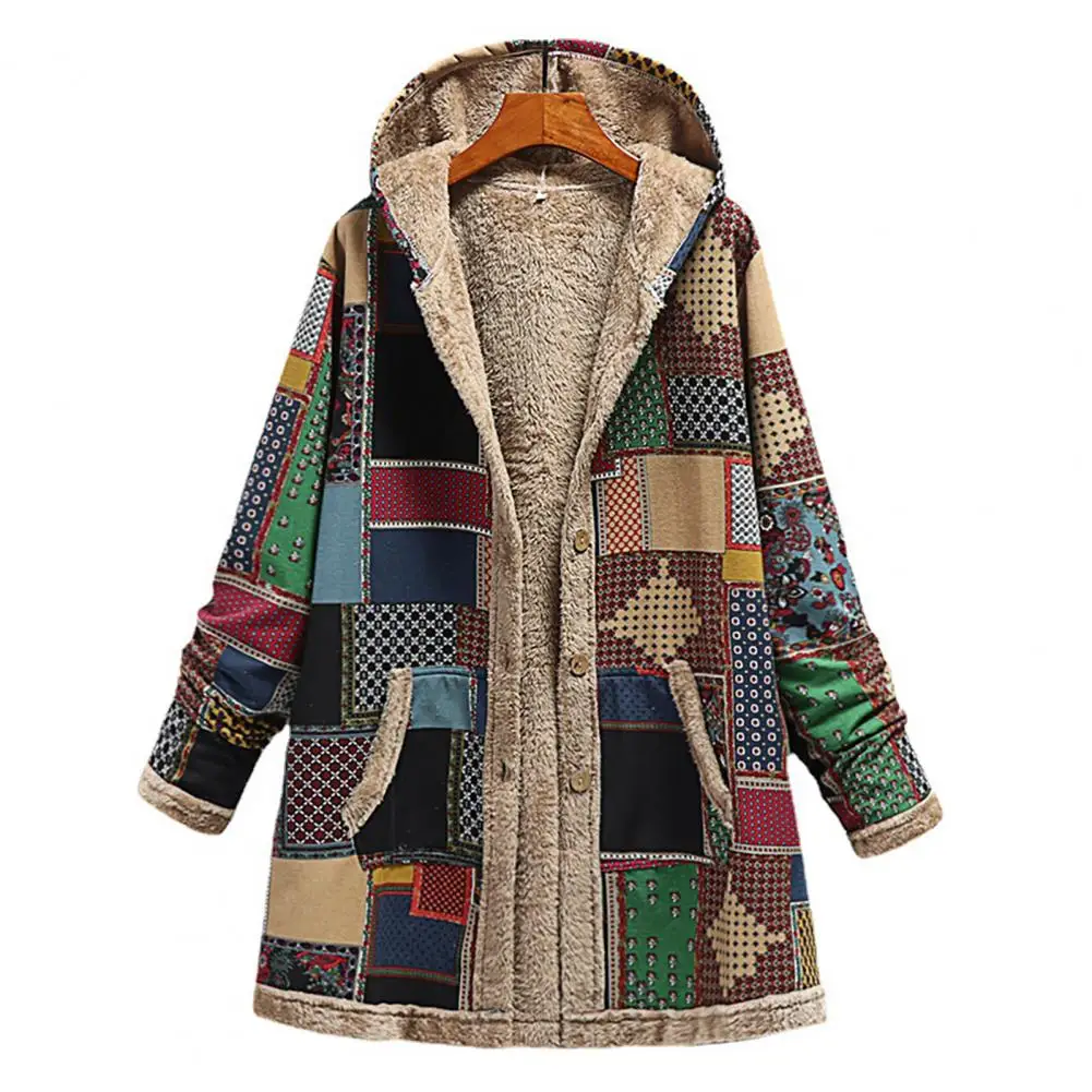 Long Coat Single Breasted Women Overcoat Women Overcoat Keep Warm Hooded Polyester Ethnic Pattern Winter Coat Women Jacket