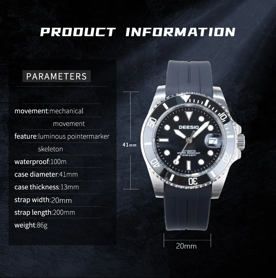 Deesio Luxury Men's Full Automatic Mechanical Watch, 316L Stainless Steel Case, Silicone Strap, Date Display, Luminous Hands, Upgrade 100M Waterproof, High-Mineral Glass, Sport Sweatproof, Self-Wind & Manual Wind, Black Classic Business Casual Design
