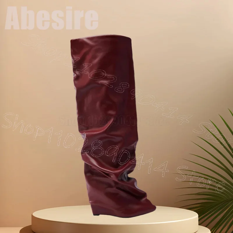 

Burgandy Pleated Design Wedges Heel Boots Slip On Women Shoes Pointed Toe Fashion Party Banquet Dating 2025 Zapatos Para Mujere