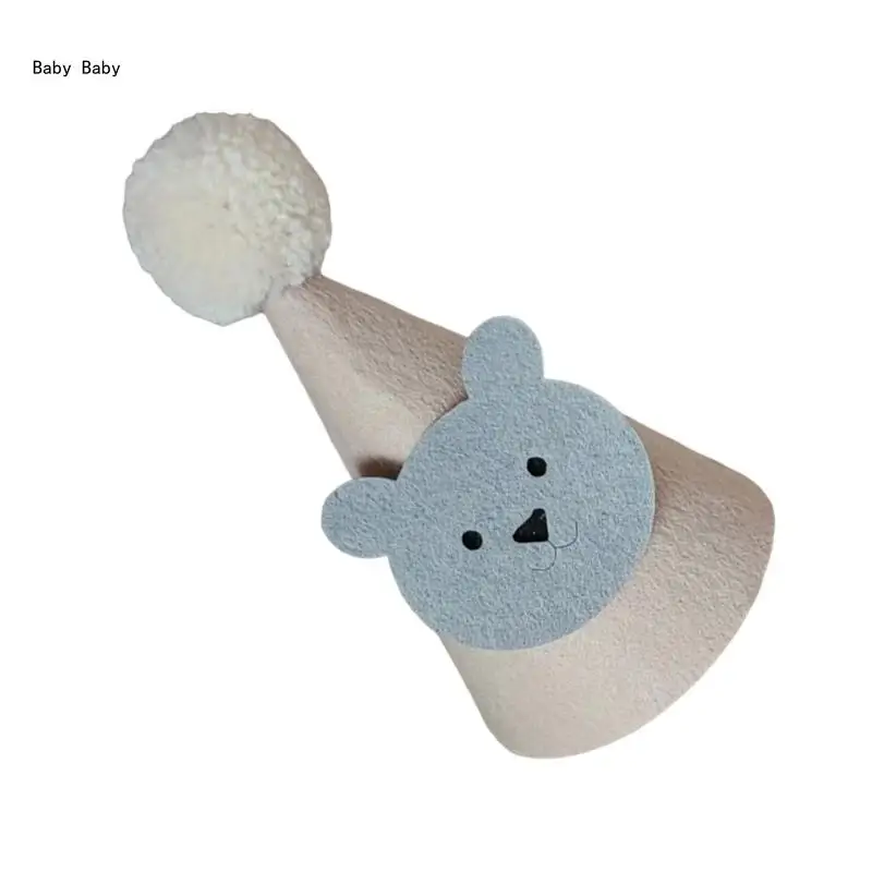 Bear Themed Party Hat Soft & Comfortable Toddlers Birthday Accessory Photography Props with Pom Decoration Q81A