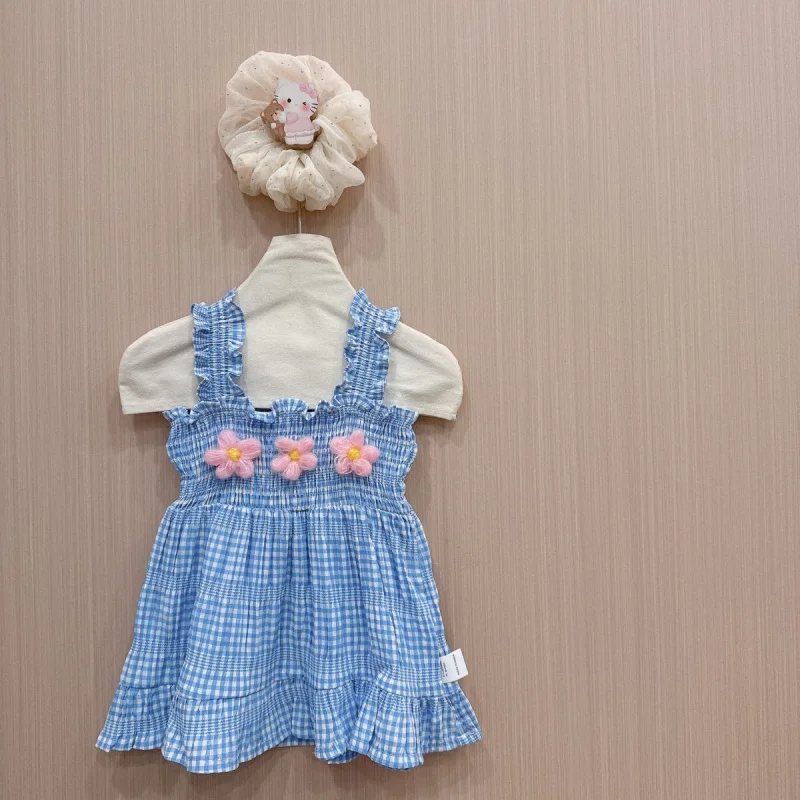 

Stylish Plaid Strap Dress for Girls, New Summer Blue Ruffled Dress for Little Girls