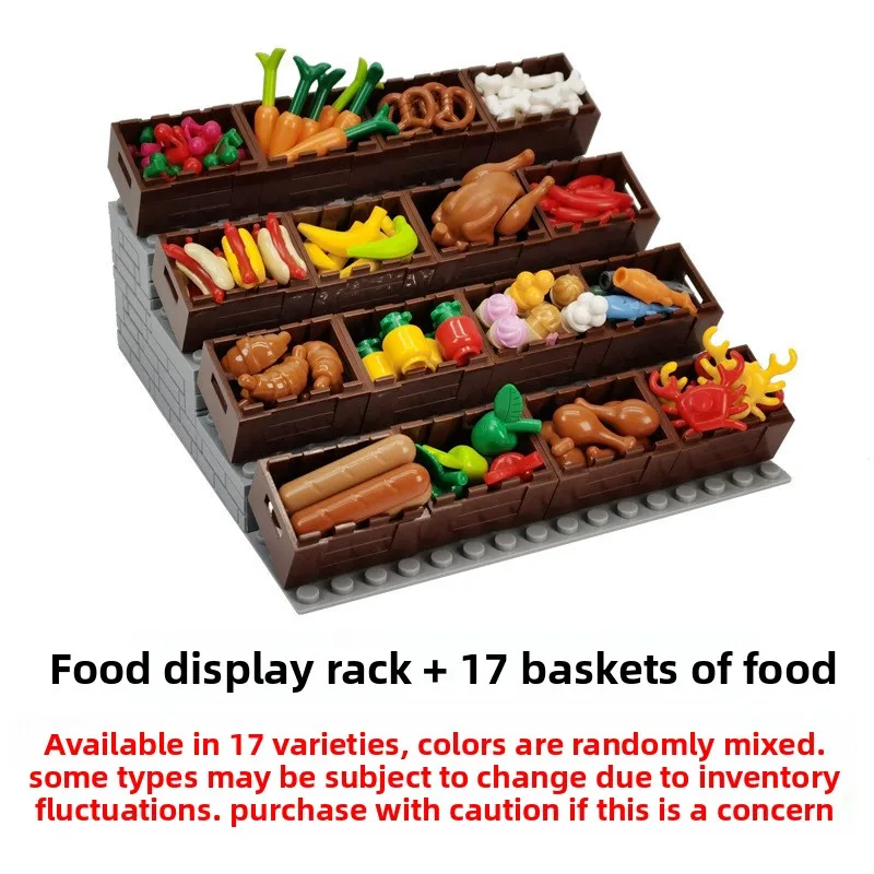 MOCFood – blocs de construction, accessoires, pièces, panier carré avec cadre en bois, Compatible avec petites particules, frites, citrouille, banane