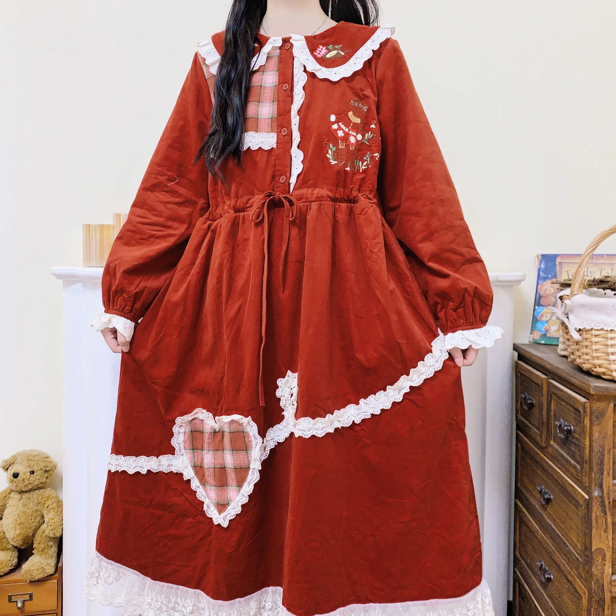 

Winter Fleece Corduroy Embroidery Lace Patchwork Midi Dress for Women Vintage Mori Girl Cottagecore Goblincore Aesthetic Dress