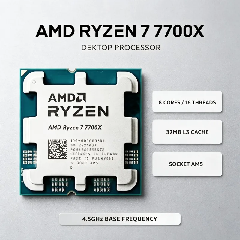 AMD R7 7700X CPU 8‑Core 16‑Thread 4.5GHz 5NM 32MB L3 Cache Socket AM5 100‑000000591 Tray Support DDR5 Without Cooler