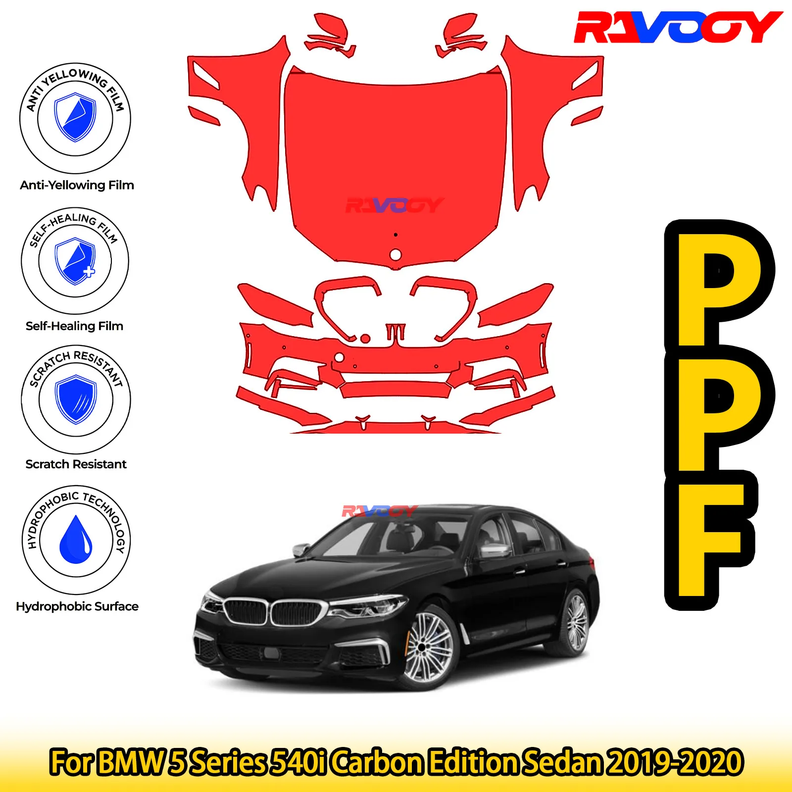 

For BMW 5 Series 540i Carbon Edition Sedan 2019-2020 Glossy Matte Black Precut front PPF Kit Paint Protection Film