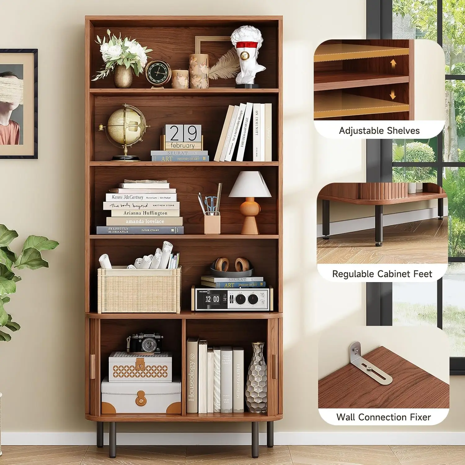 71" Tall Bookshelf, 4-Tier Bookcase with Storage Cabinet & Adjustable Storage Shelves, Sliding Door and Adjustable Footpad