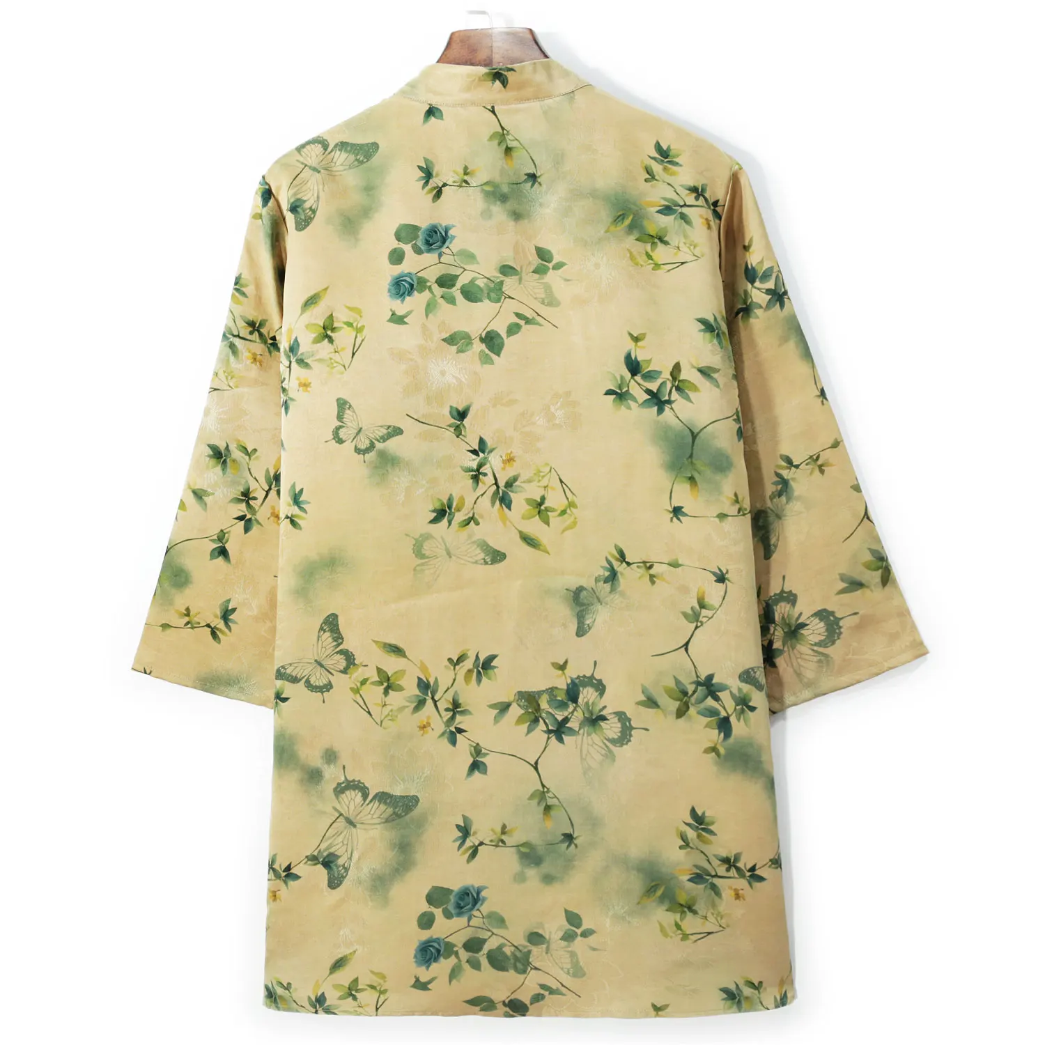 BirdTree, 32MM Silk Watered Gauze Elegant Shirt, Women Stand 3/4 Sleeve Printed, Retro Commute Blouse, 2024 Summer New T437102QC