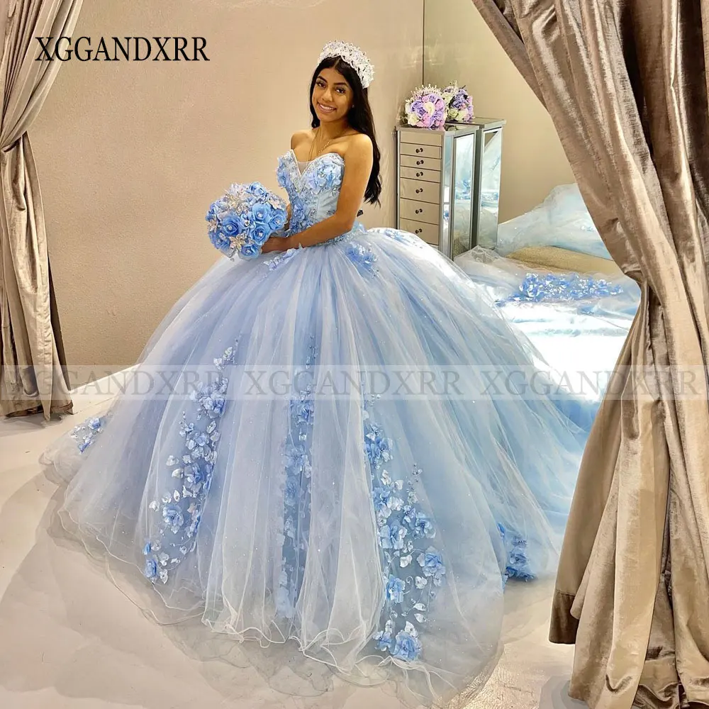 Customized Long Train Sky Blue Quinceanera Dress 2024 Mexican Vestidos De 15 Ball Gown Cinderella Girl Princess Sweet 16 Dress