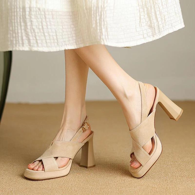 Vintage Style Green Chunky High Heel Sandal Summer New Women Shoe Cross Strap Open Toe Party Shoes Buckle Strap Platform Sandals