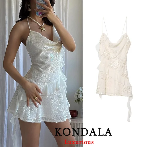 Imagen 1 del producto KONDALA-vestido Sexy elegante para mujer, camisola lisa con espalda descubierta y lentejuelas escalonadas, Mini Vestido corto a la moda, vestido de fiesta para discoteca de noche de otoño 2025