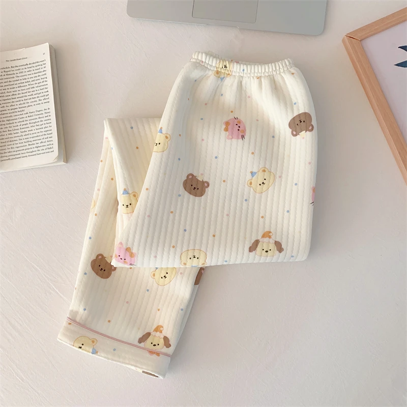 

Thiened Air Хлопковый многослойный комбинезон Long Sve Комплект домашней одежды для женщин Теплый домашний костюм с мультяшным принтом медведя в горошек