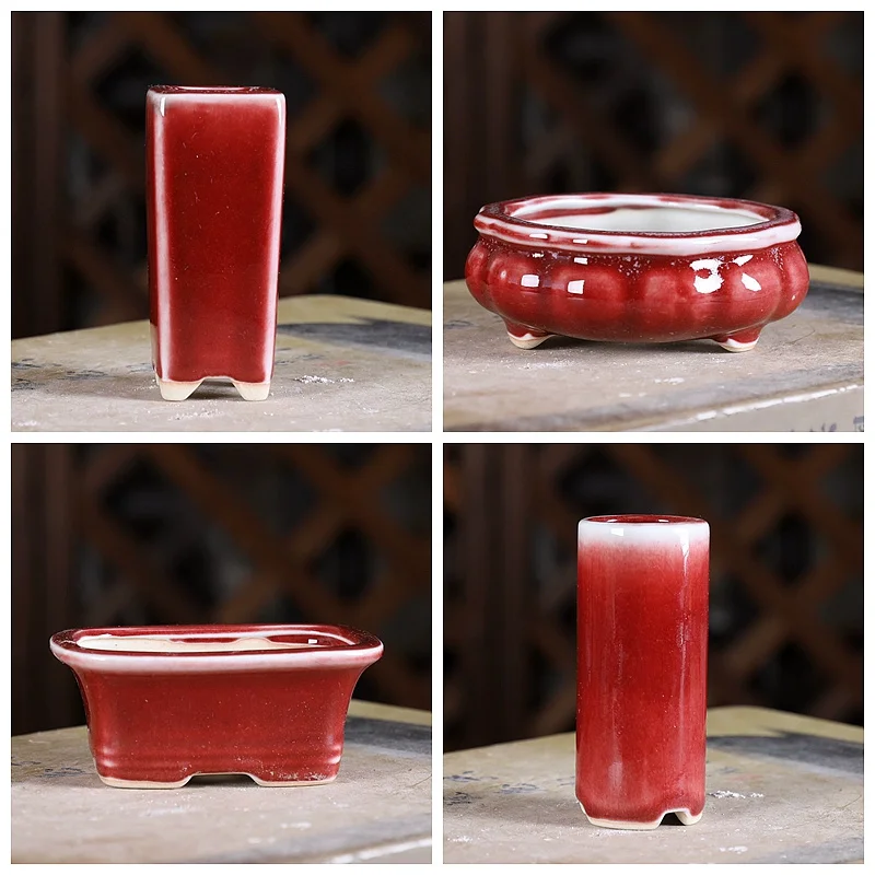 Porcelain Red Glazed Round Circle Bonsai Pot, Super Small Vase, Chinese Shape Cubicles, Desk Table, Home Garden Decoration