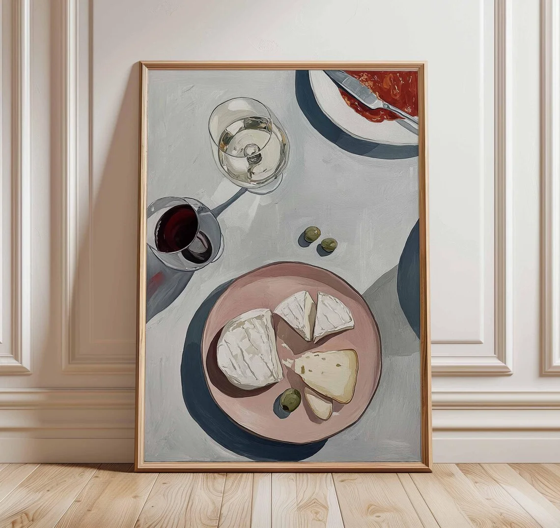 1PC frameless decorative art print,Cheese and Wine Poster, Modern Still Life Wall Art, Minimalist Dining Print, Mediterranean Ki