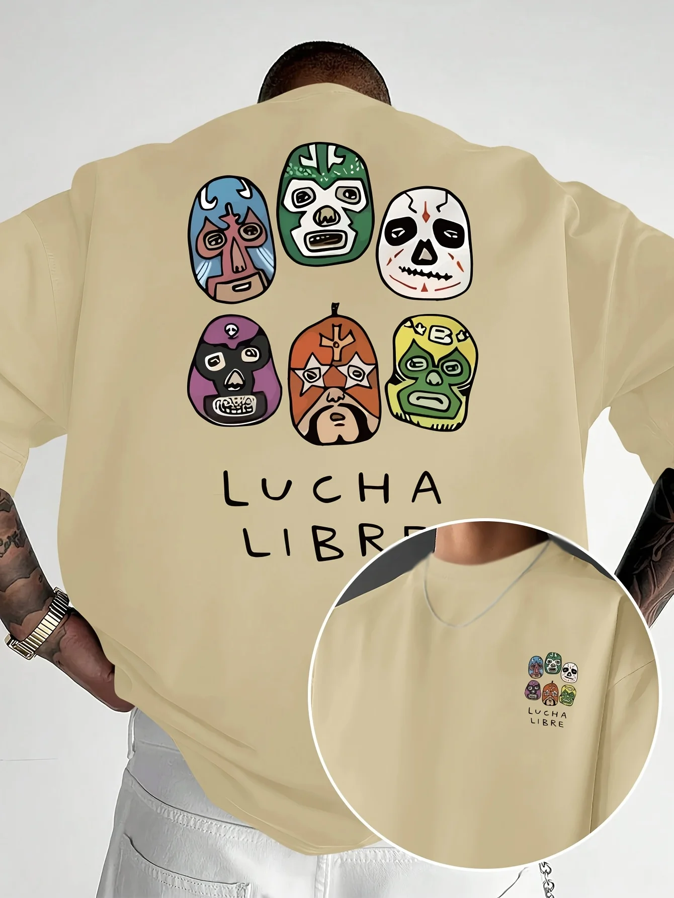 Lässiges Herren-T-Shirt mit kurzen Ärmeln – Mexikanische Ringer-Maske, doppelseitig bedrucktes Herren-T-Shirt im Modetrend „Lucha Libre“