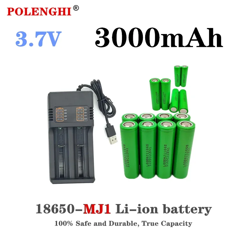 

100% actual capacity INR 18650 MJ1 3.7V 3000mAh, 18650 flat top rechargeable multifunctional lithium battery+USB charger