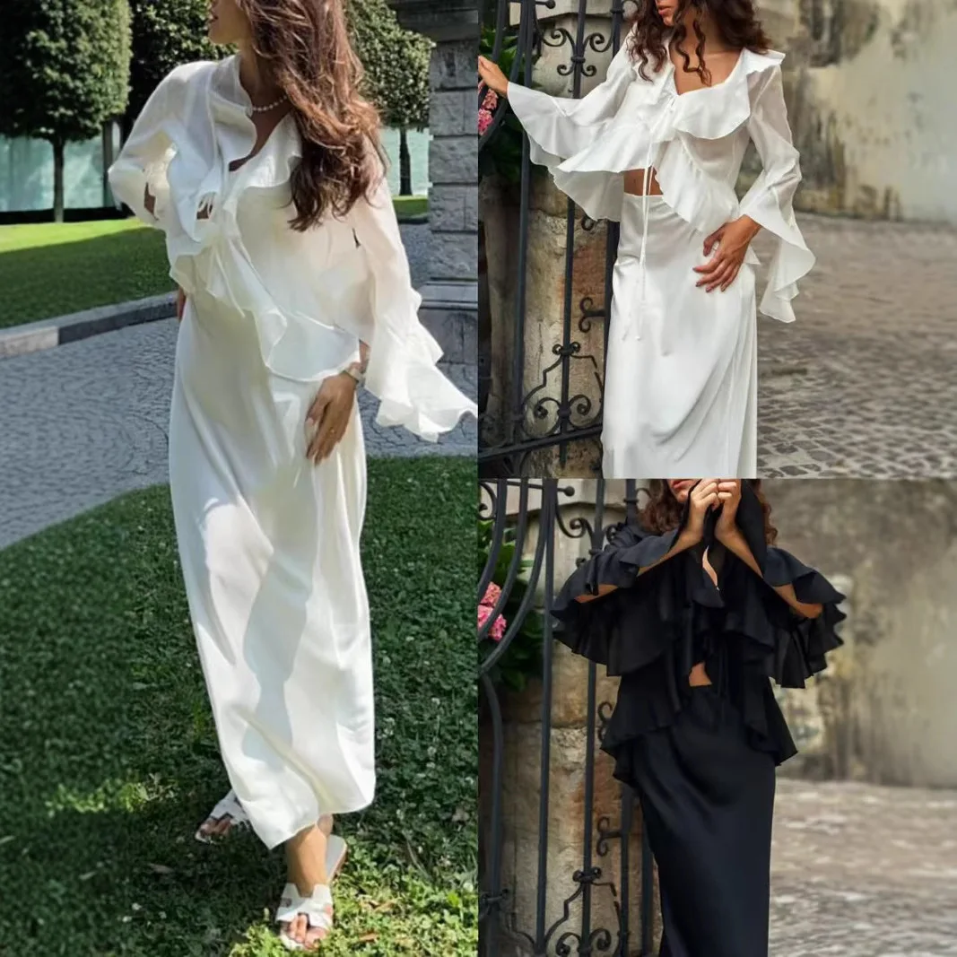 

Новое женское платье осени 2025 года, однотонное модное стильное кружевное кардиган с длинными рукавами, комплект с длинной юбкой