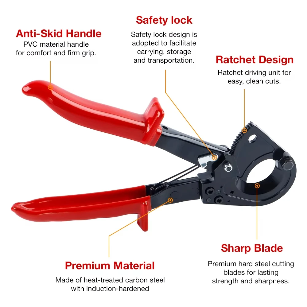 Obcinak do kabli z grzechotką 1-1/4\" Zakres cięcia 0-240mm² 32mm Nadaje się do cięcia pojedynczych, wielożyłowych kabli miedzianych i aluminiowych