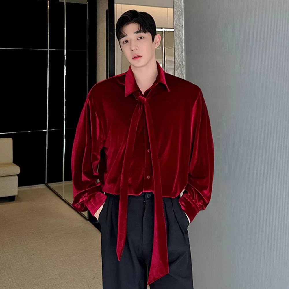 Men Net Celebrity Vintage Streetwear Fashion Velvet with Tie Loose Causal Long Sleeve Shirt Korean Style Oversize Shirts Blouses