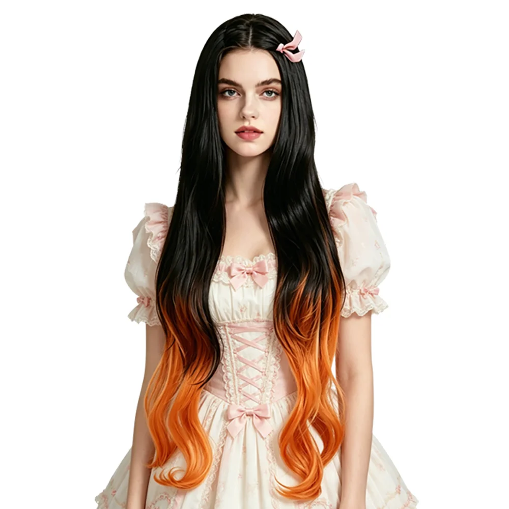 Nezuko Kamado Cosplay Wig 33 Long Wavy Black Orange Gradient Heat Resistant Synthetic Anime Wig For Halloween Costume Party