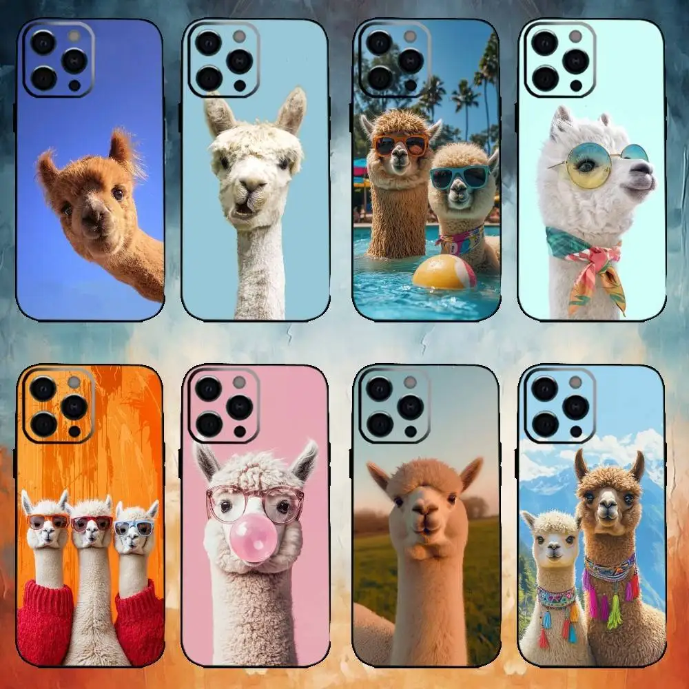 حافظة هاتف مضحكة على شكل حيوانات A-Alpaca لهاتف iPhone17,16,15,14,13,12,11 Plus، Pro Max غطاء أسود ناعم #1