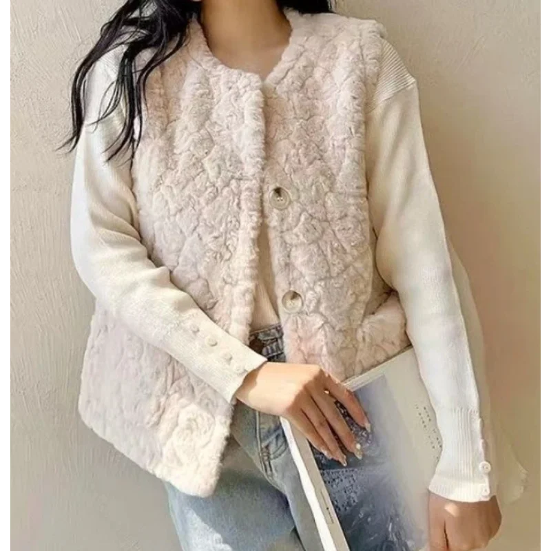 Women's New Autumn Winter Apricot Faux Shearling Vest Stylish Versatile Sleeveless Outerwear Warm Cozy Lamb Fur Gilet