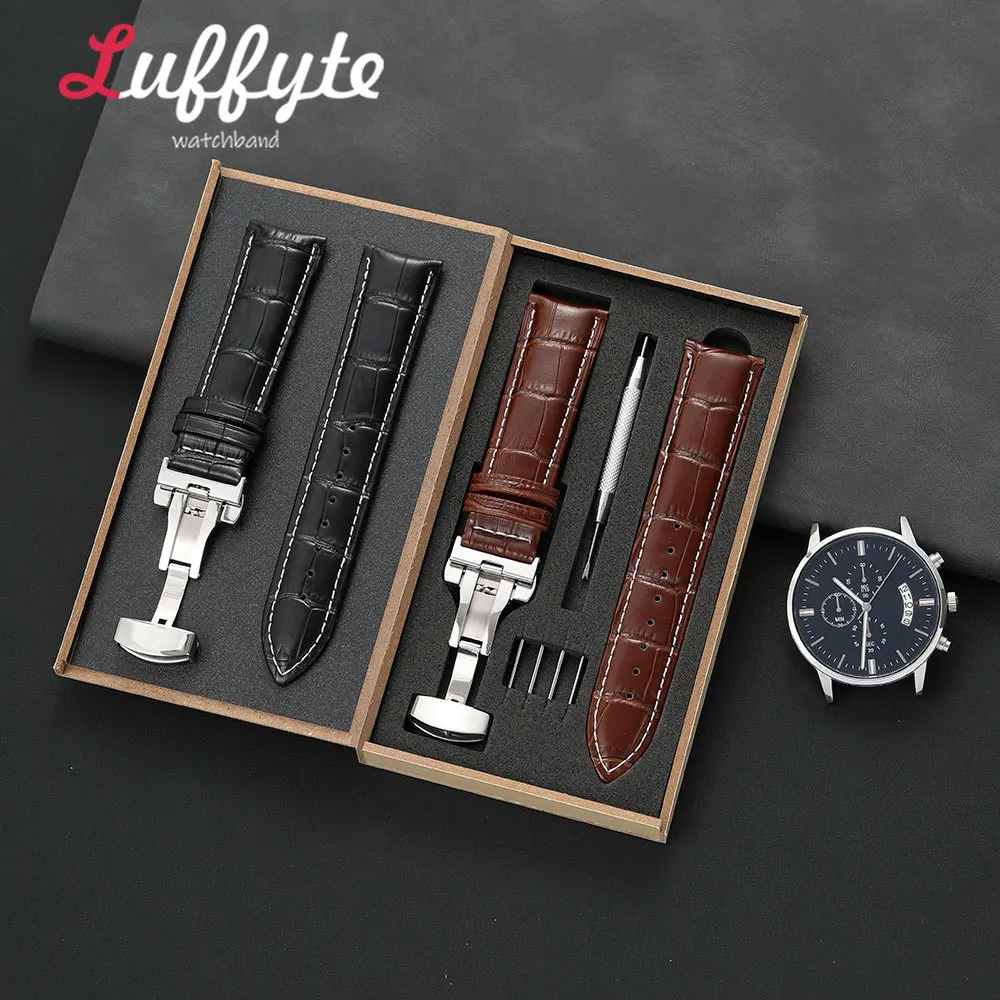 Herren-Uhrenarmband aus Geprägtem Leder 18mm 19mm 20mm 21mm 22mm 24mm mit Schmetterlingsverschluss und Geschenkbox Ersatz-Uhrenarmband