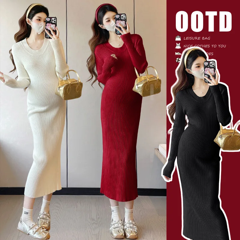 

Knitted Dress Elegant Slim Fit Stylish Mom Maternity Autumn And Winter High Waist Sweater Elastic Bodycon Base Layer Long Dress