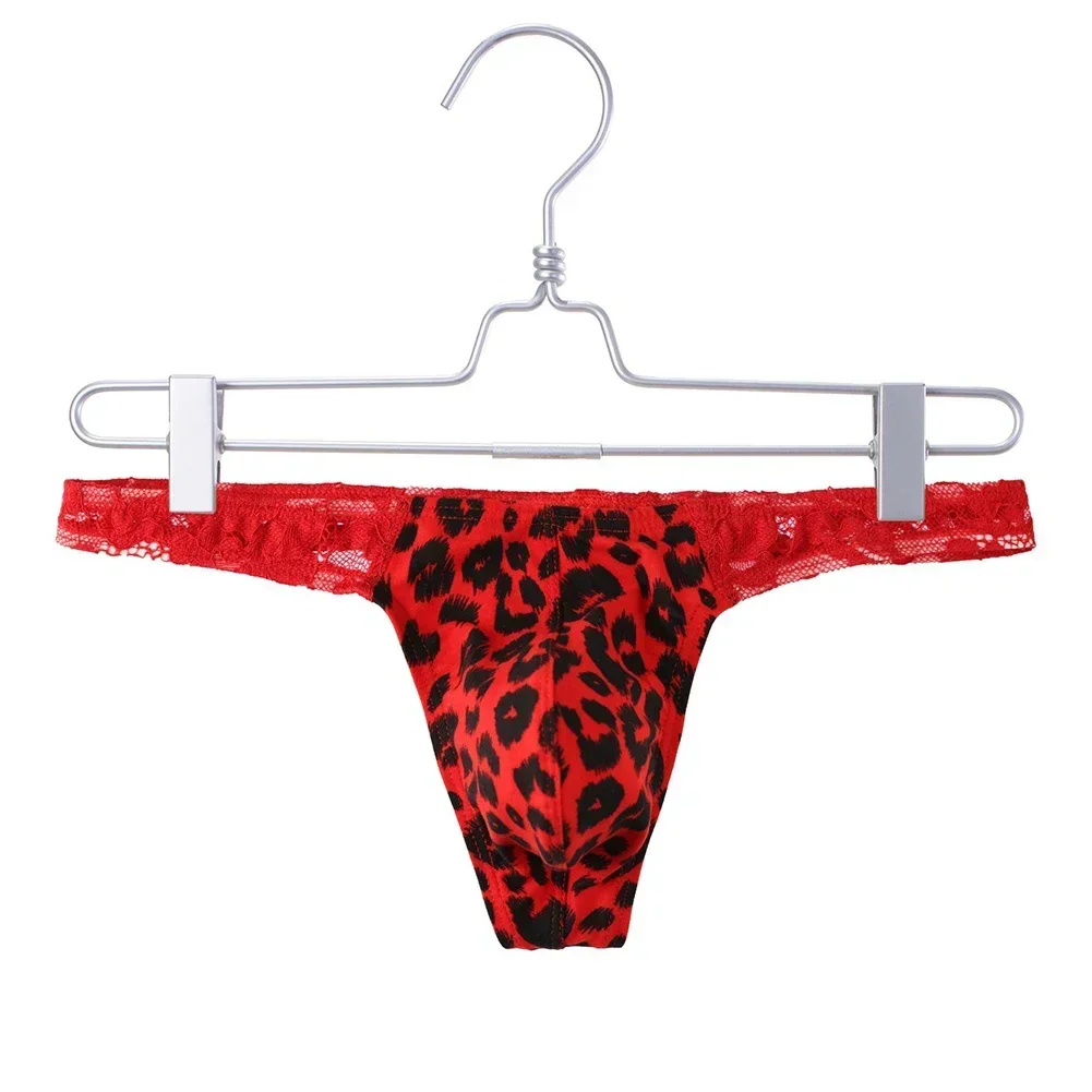 Men Sexy Lace Leopard Briefs Thongs Low Waist Underwear G-string Hollow Pouch Panties Breathable Slim Fit Thin Men's Thong