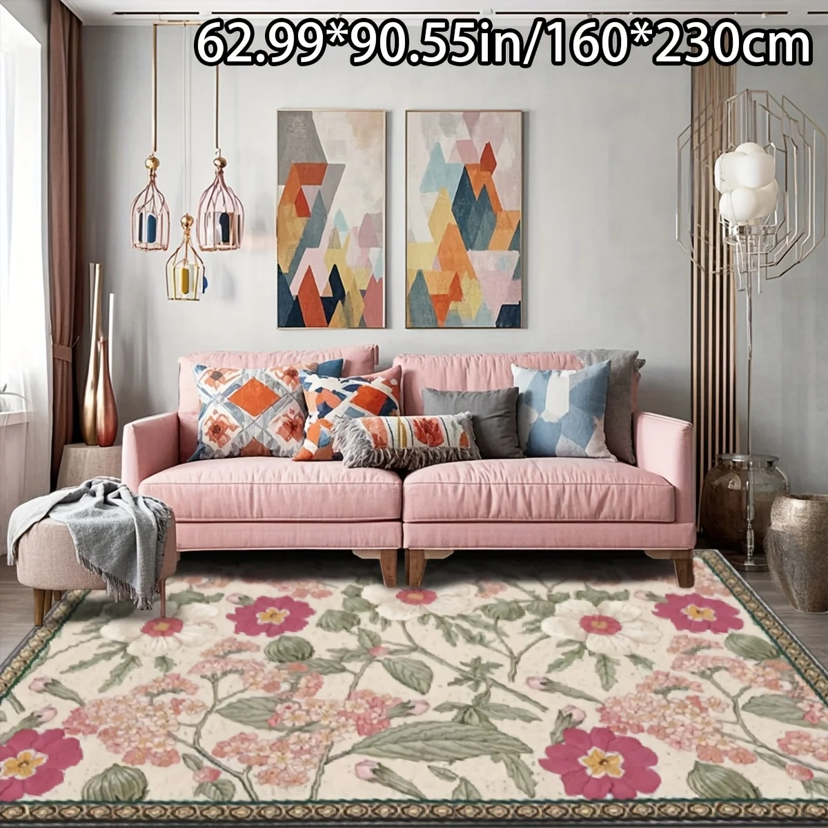 VIKAMA Classic Cottage Floral Indoor Rug Antique Pink White Flower Border Pattern Non‑Slip Stain‑Resistant Washable Floor Mat