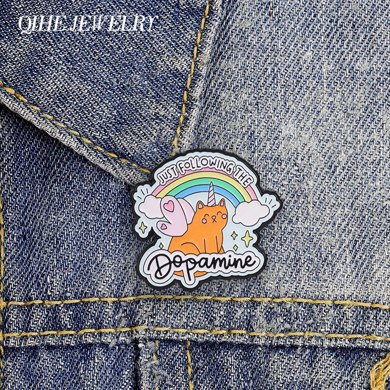 Fantasy Fairy Unicorn Cat Enamel Pin Just Following The Dopamine Rainbow Text Brooches Bags Lapel Badge Jewelry Gift for Friends