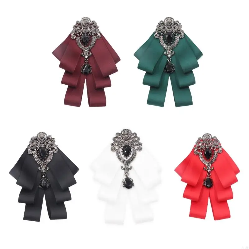 

808E Silk Ribbon Bowtie Brooch Pin Shirt Jabot Collar Pretied Bowtie Crystal Necktie