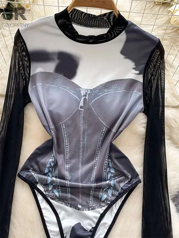 

BabYoung Sexy Print Bodysuit Women Spice Mesh Long Sleeve O Neck Blouses Autumn Hot Design Slim Ins Streetwear Fashion Jumpsuit