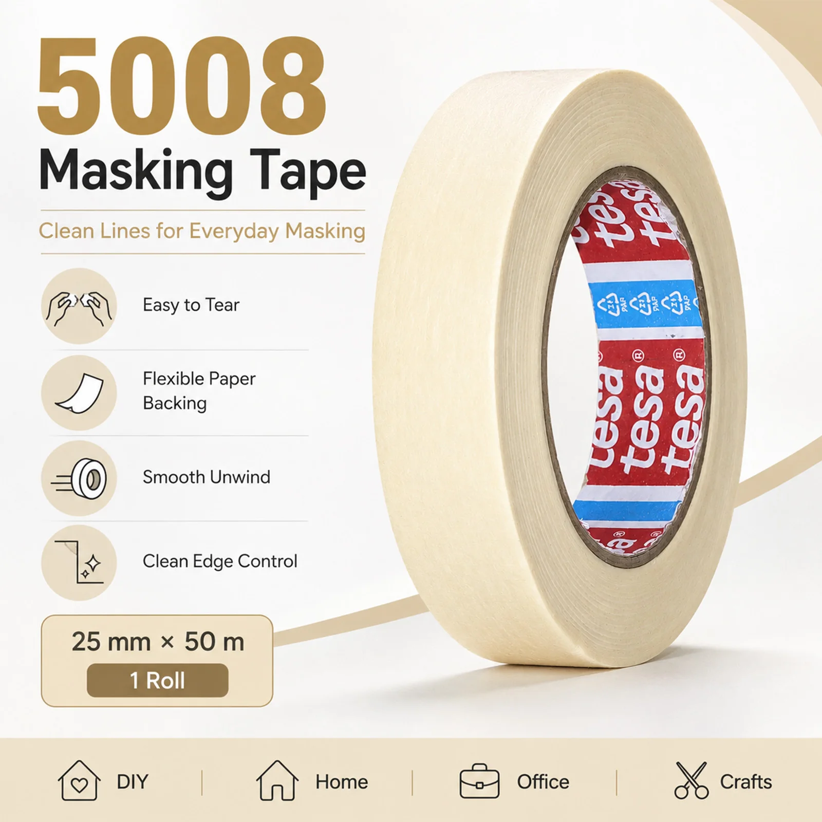 Tesa 5008 Beige Crepe Paper Masking Tape 25mm×50m Strong Adhesive 80°C Heat Resistant for Home Office Craft Automotive Painting